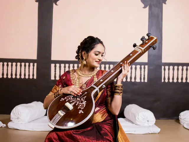 Portrait with a classical veena against the wooden lattice work and traditional seating.