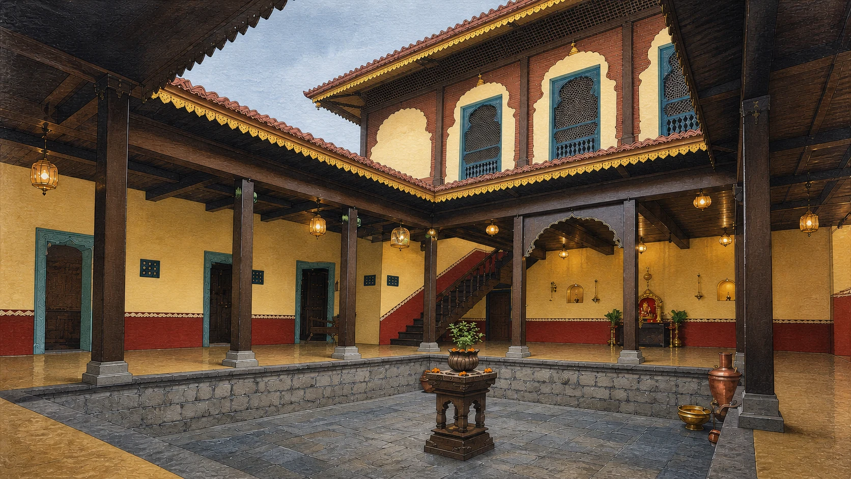 The evening courtyard at Gundal Wada, tulsi vrindavan at the centre, teak pillars and lit lanterns under the tiled eaves.
